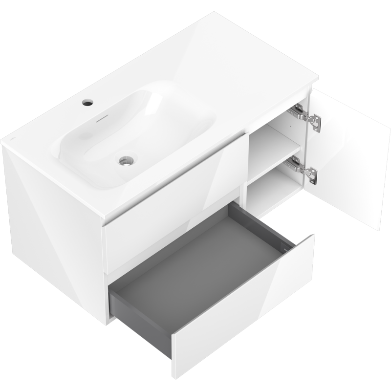 Mexen Orio 90 cm-es fürdőszobaszekrény Vela mosdóval balos, 2S, 1D, fehér fényes - 91A13-09047-3-BBFFF00-W23L00