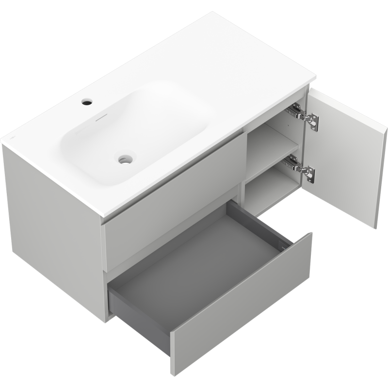 Mexen Orio fürdőszobai szekrény 90 cm-es Vela balmosdóval, 2S, 1D, szürke matt/fehér matt - 91A13-09047-3-BBFFF62-W23L01
