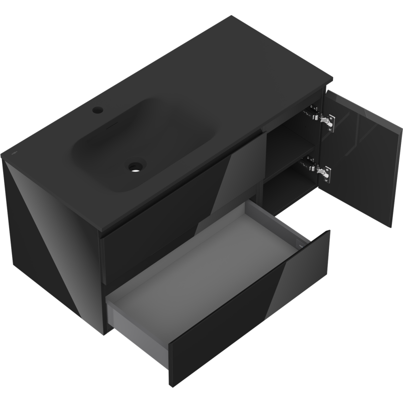 Mexen Orio 100 cm-es fürdőszobai szekrény bal oldali Vela mosdókagylóval, 2 fiók, 1 ajtó, fekete fényes/matt fekete