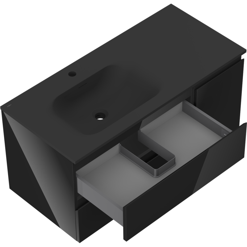 Mexen Orio 100 cm-es fürdőszobai szekrény bal oldali Vela mosdókagylóval, 2 fiók, 1 ajtó, fekete fényes/matt fekete