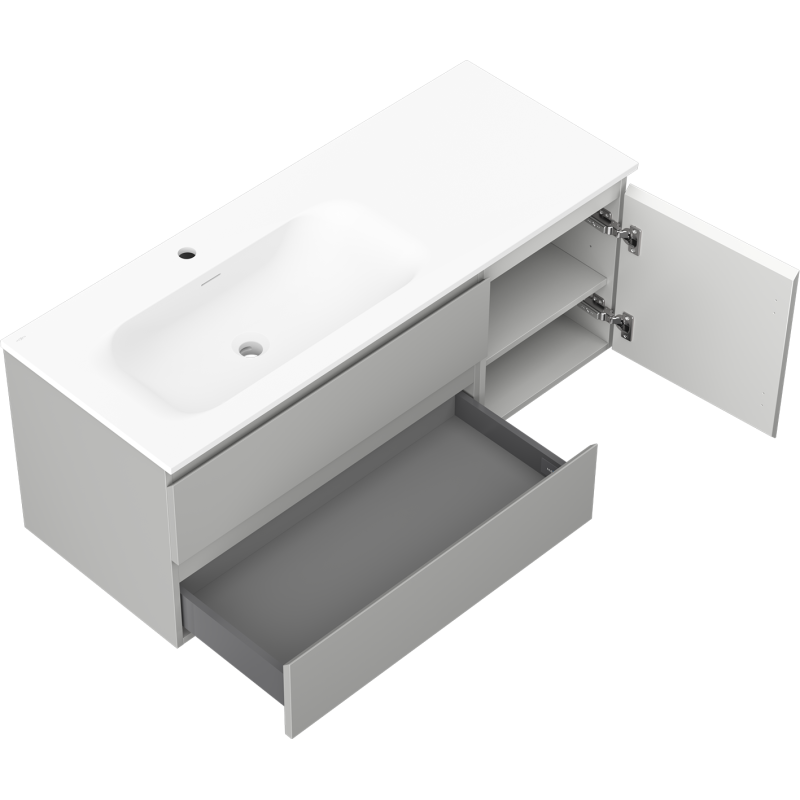 Mexen Orio 120 cm-es fürdőszoba szekrény bal oldali Vela mosdóval, 2 fiókos, 1 ajtós, szürke matt/fehér matt