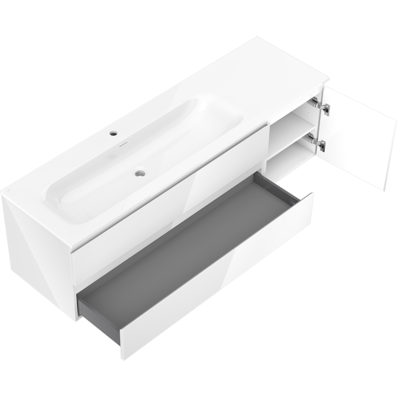Mexen Orio 160 cm-es fürdőszobaszekrény Vela bal oldali mosdóval, 2S, 1D, fehér fényes - 91A13-16047-3-BBFFF00-W23L00