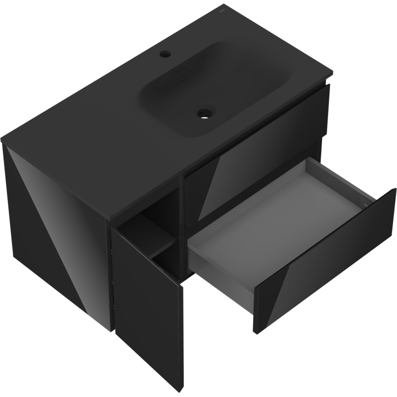 Mexen Orio 90 cm-es fürdőszobai szekrény Vela jobb medencével, 2S, 1D, fényes/matt fekete - 91A13-09047-3-BBFFF70-W23P71