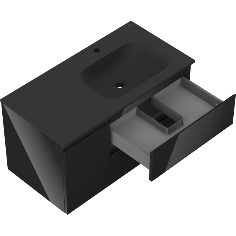 Mexen Orio 90 cm-es fürdőszobai szekrény Vela jobb medencével, 2S, 1D, fényes/matt fekete - 91A13-09047-3-BBFFF70-W23P71
