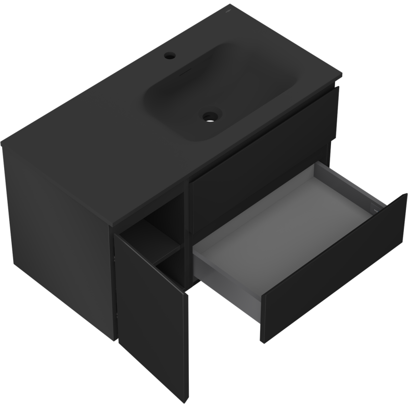 Mexen Orio 90 cm-es fürdőszobaszekrény jobbos Vela mosdóval, 2S, 1D, fekete matt - 91A13-09047-3-BBFFF71-W23P71
