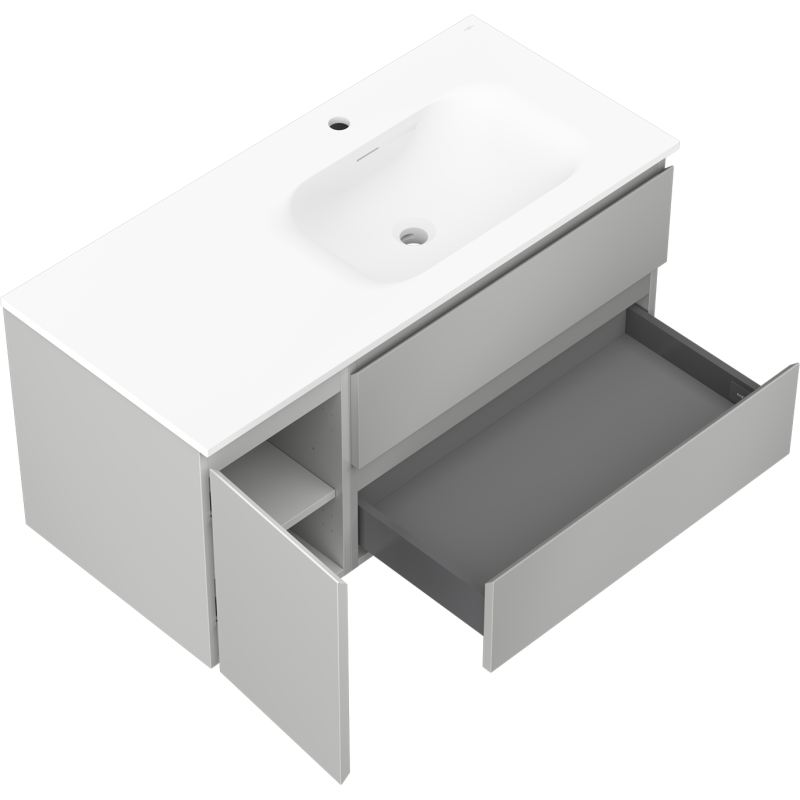 Mexen Orio 100 cm-es fürdőszobai szekrény Vela mosdóval jobbra, 2 fiókos, 1 ajtós, szürke matt/fehér matt