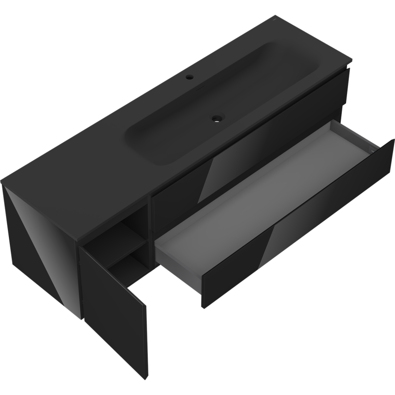 Mexen Orio 160 cm-es pipere szekrény jobboldali mosdóval Vela, 2S, 1D, fekete fényes/fekete matt - 91A13-16047-3-BBFFF70-W23P71