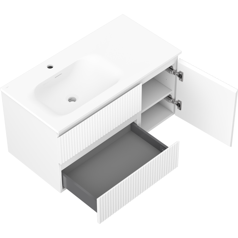 Mexen Rivel dulap baie 90 cm cu lavoar Vela stânga, 2S, 1D, canelat, alb mat - 91A23-09047-3-BBFFF01-W23L01