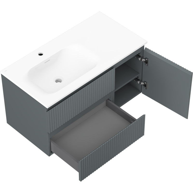 Mexen Rivel 90 cm-es fürdőszobaszekrény bal oldali Vela mosdóval, 2 fiókkal, 1 ajtóval, bordázott, grafit matt/fehér