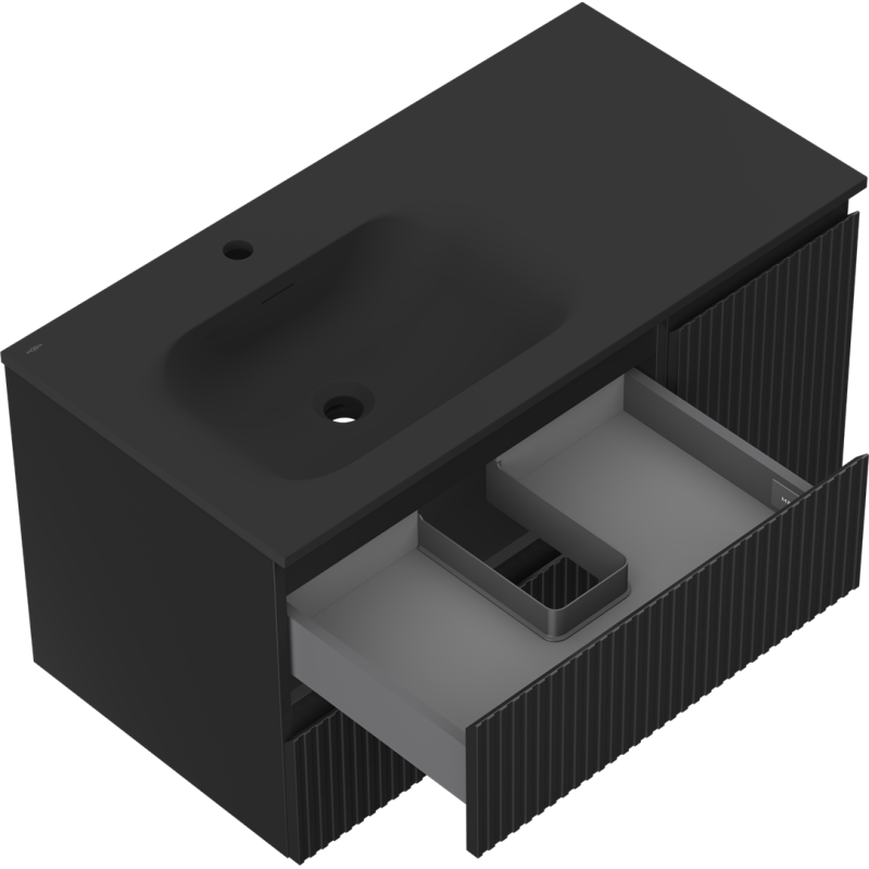 Mexen Rivel fürdőszobai szekrény 90 cm balos Vela mosdóval, 2S, 1D, nútolt, fekete matt - 91A23-09047-3-BBFFF71-W23L71