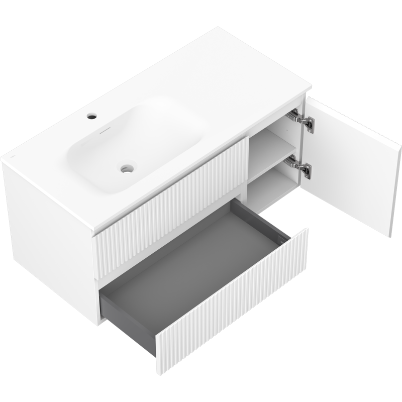 Mexen Rivel 100 cm-es fürdőszobaszekrény mosdókagylóval Vela balos, 2S, 1D, bordázott, matt fehér