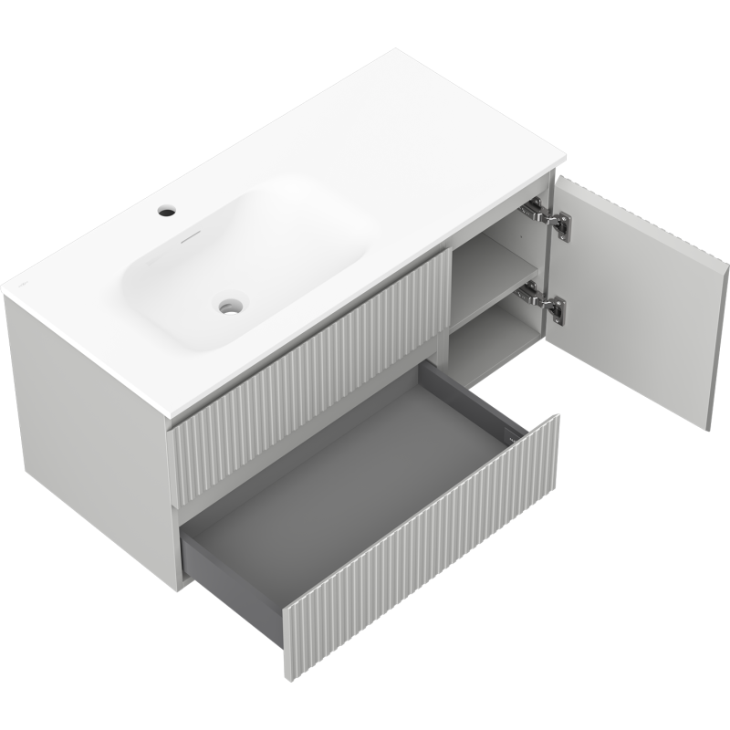 Mexen Rivel 100 cm-es Vela balos mosdós fürdőszobaszekrény, 2 fiókos, 1 ajtós, bordázott, szürke matt/fehér matt