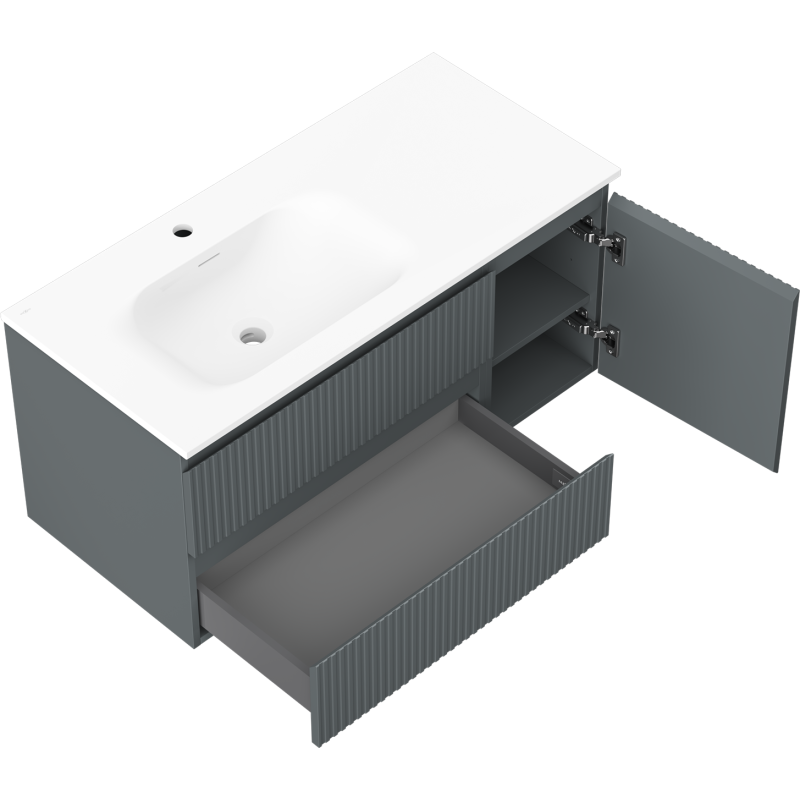 Mexen Rivel fürdőszobai szekrény 100 cm mosdóval Vela bal oldali, 2S, 1D, bordázott, grafit/fehér matt