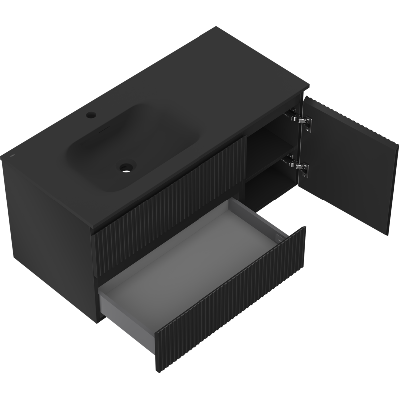 Mexen Rivel dulap de baie 100 cm cu chiuvetă Vela stânga, 2S, 1D, cu model canelat, negru mat - 91A23-10047-3-BBFFF71-W23L71