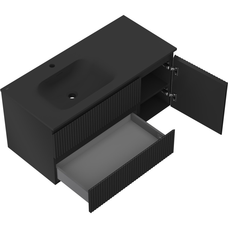 Mexen Rivel dulap pentru baie 100 cm cu chiuvetă Vela stânga, 2S, 1D, canelat, negru mat - 91A23-10047-3-BBFFF71-W23L71