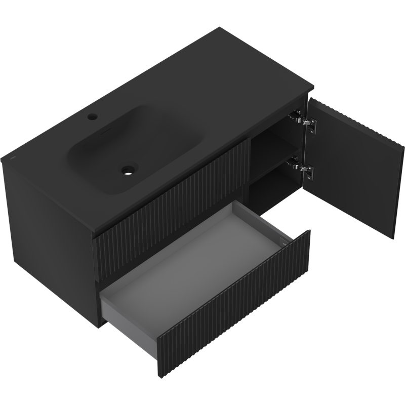 Mexen Rivel fürdőszoba szekrény 100 cm mosdóval Vela bal oldalon, 2 fiók, 1 ajtós, bordázott, fekete matt