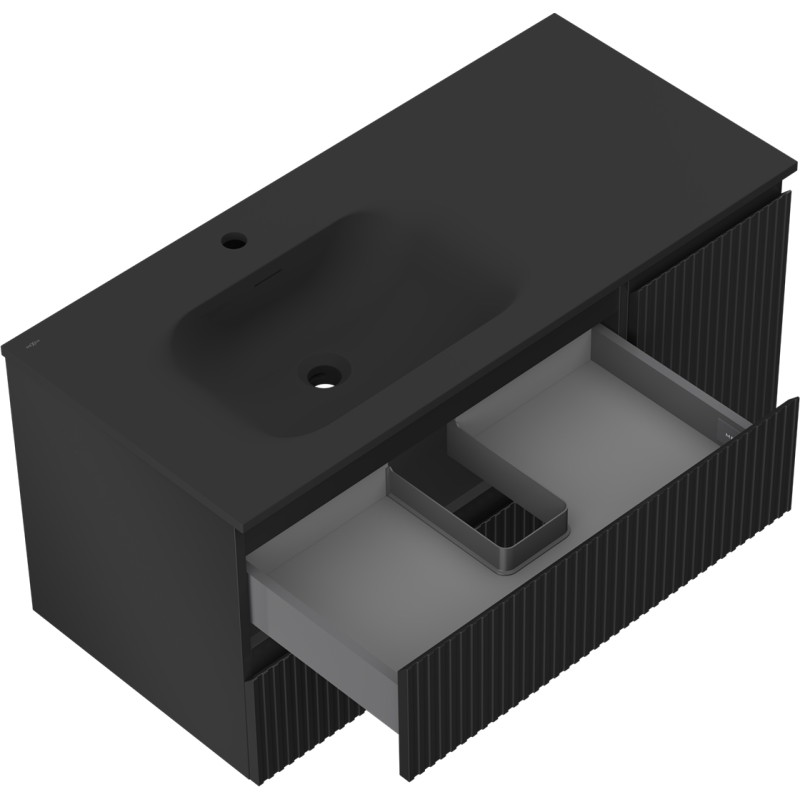 Mexen Rivel dulap pentru baie 100 cm cu chiuvetă Vela stânga, 2S, 1D, canelat, negru mat - 91A23-10047-3-BBFFF71-W23L71