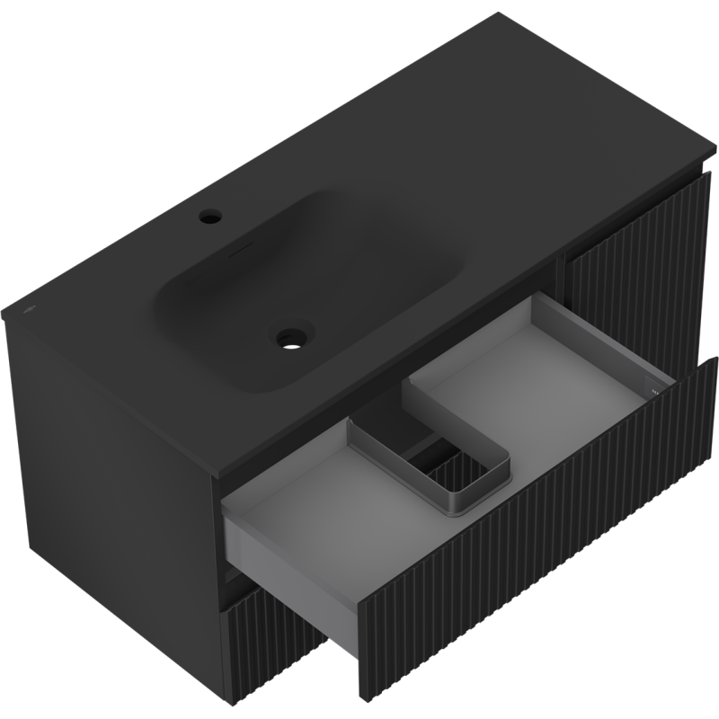 Mexen Rivel fürdőszoba szekrény 100 cm mosdóval Vela bal oldalon, 2 fiók, 1 ajtós, bordázott, fekete matt