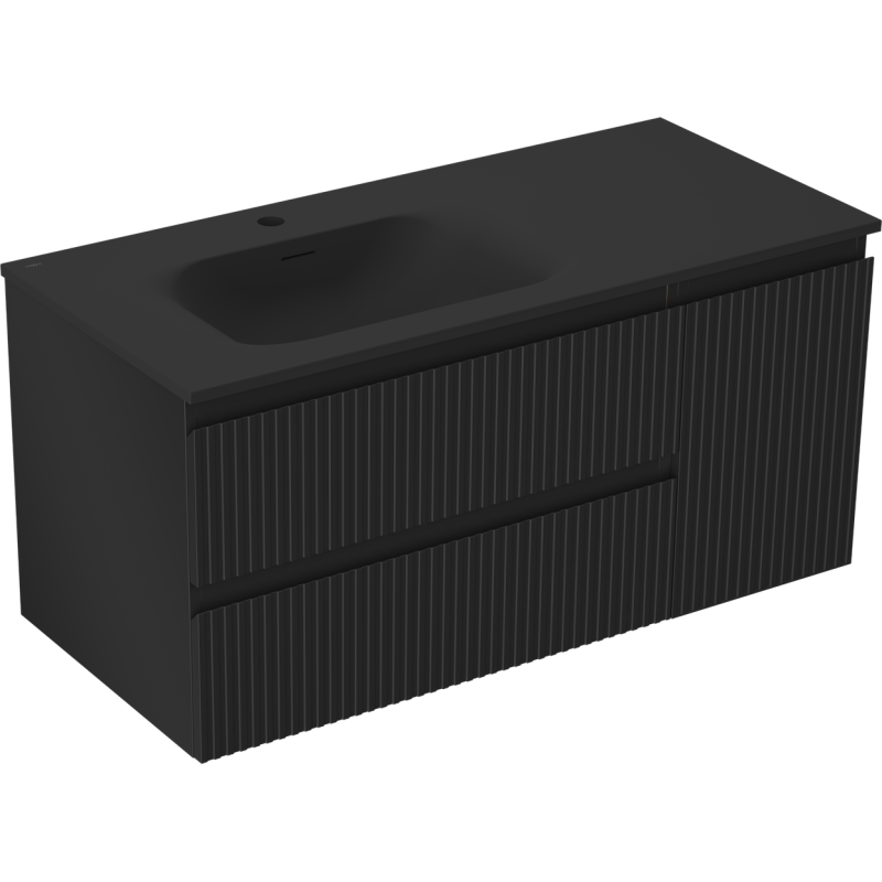 Mexen Rivel fürdőszoba szekrény 100 cm mosdóval Vela bal oldalon, 2 fiók, 1 ajtós, bordázott, fekete matt
