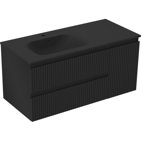 Mexen Rivel fürdőszoba szekrény 100 cm mosdóval Vela bal oldalon, 2 fiók, 1 ajtós, bordázott, fekete matt