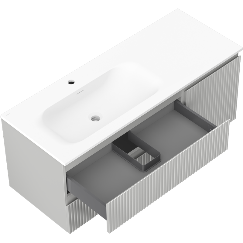 Mexen Rivel 120 cm-es Vela fürdőszobai szekrény bal oldali mosdóval, 2 fiókkal, 1 ajtóval, bordázott, szürke matt/fehér