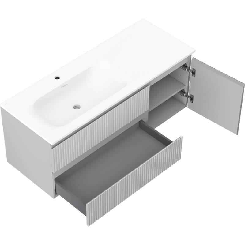 Mexen Rivel 120 cm-es Vela fürdőszobai szekrény bal oldali mosdóval, 2 fiókkal, 1 ajtóval, bordázott, szürke matt/fehér