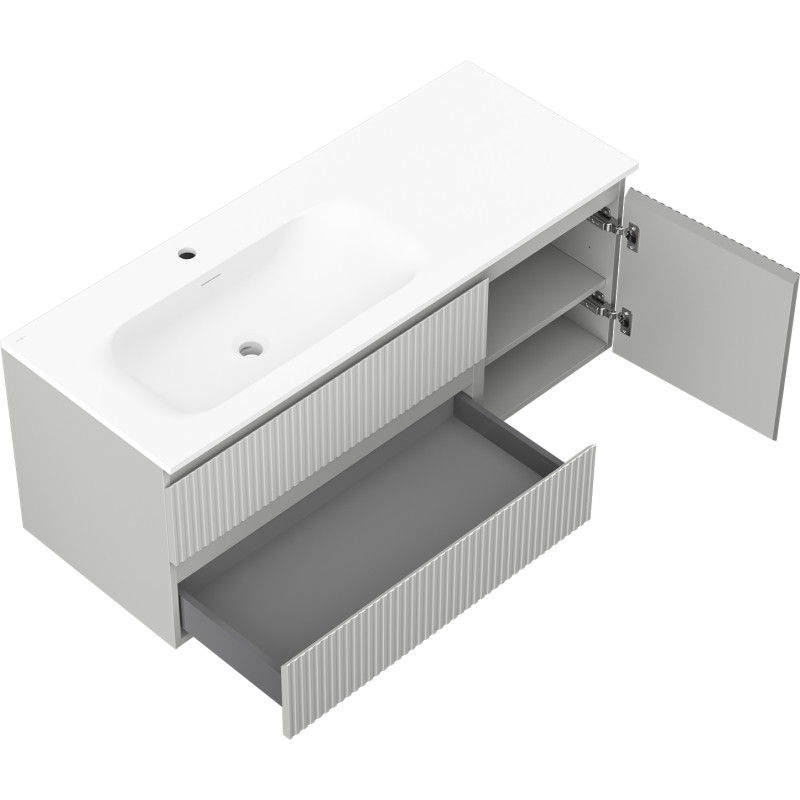 Mexen Rivel dulap de baie 120 cm cu lavoar Vela stângă, 2 sertare, 1 ușă, canelată, gri mat/alb mat
