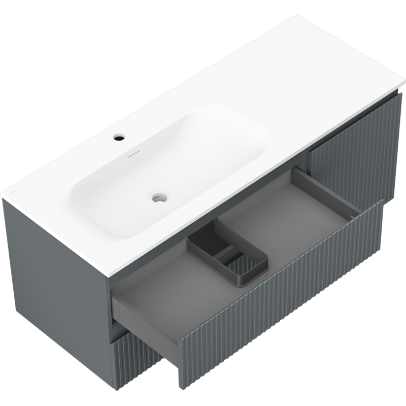 Mexen Rivel 120 cm-es fürdőszobaszekrény bal oldali Vela mosdóval, 2S, 1D, bordázott, grafit/fehér matt