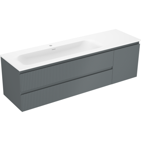 Mexen Rivel Vela 160 cm-es fürdőszobaszekrény bal oldali mosdókagylóval, 2 fiók, 1 ajtó, bordázott, grafit/fehér matt