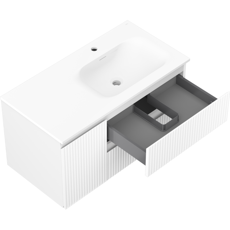 Mexen Rivel fürdőszobai szekrény 90 cm mosdókagylóval Vela jobb, 2S, 1D, bordázott, matt fehér - 91A23-09047-3-BBFFF01-W23P01