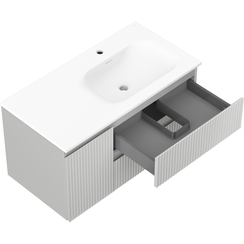 Mexen Rivel 90 cm-es Vela fürdőszobaszekrény mosdóval, jobbos, 2 fiókos, 1 ajtós, bordázott, szürke matt/fehér matt