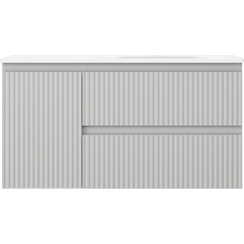 Mexen Rivel 90 cm-es Vela fürdőszobaszekrény mosdóval, jobbos, 2 fiókos, 1 ajtós, bordázott, szürke matt/fehér matt