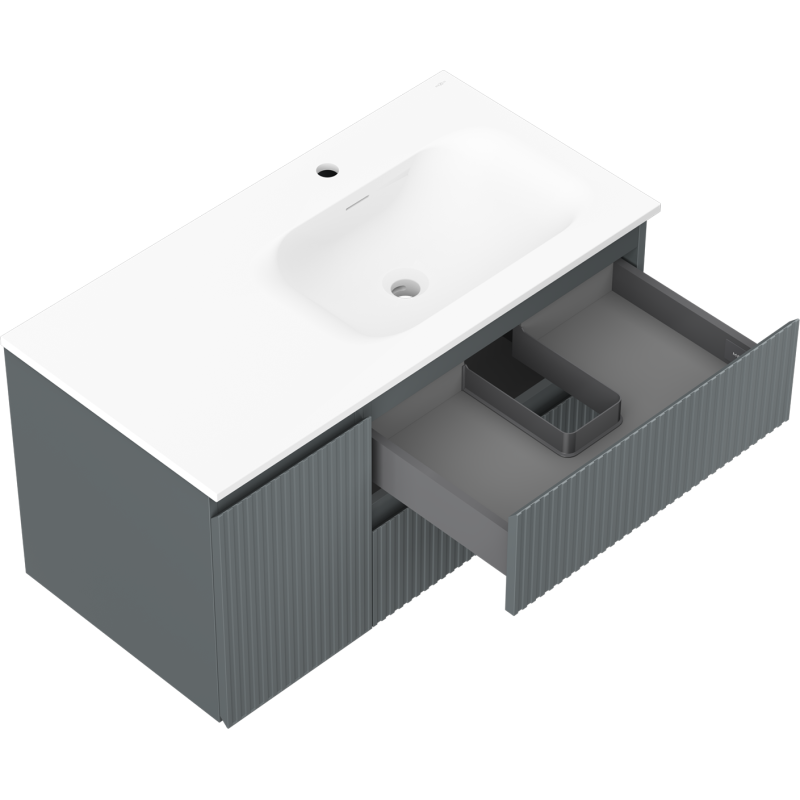 Mexen Rivel 90 cm-es fürdőszobai szekrény Vela jobbos, 2S, 1D, bordázott, grafit/fehér matt - 91A23-09047-3-BBFFF66-W23P01