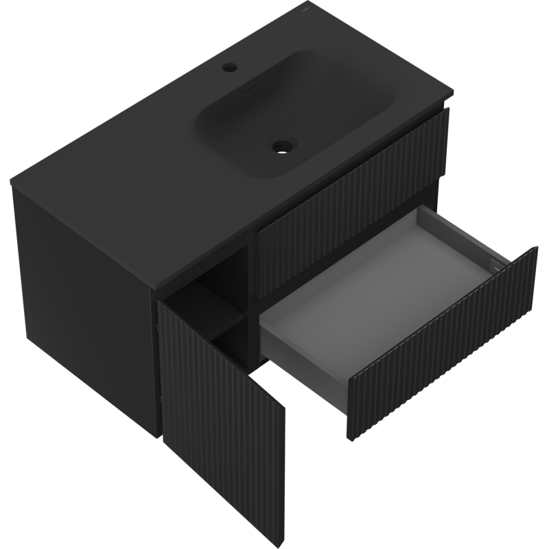 Mexen Rivel dulap baie 90 cm cu lavoar Vela dreapta, 2S, 1D, striat, negru mat - 91A23-09047-3-BBFFF71-W23P71