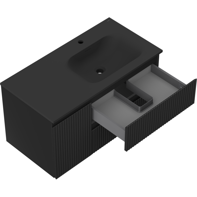 Mexen Rivel dulap baie 90 cm cu lavoar Vela dreapta, 2S, 1D, striat, negru mat - 91A23-09047-3-BBFFF71-W23P71