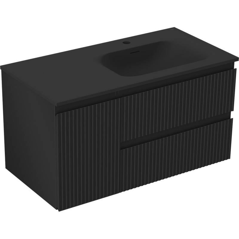 Mexen Rivel dulap baie 90 cm cu lavoar Vela dreapta, 2S, 1U, riflat, negru mat - 91A23-09047-3-BBFFF71-W23P71