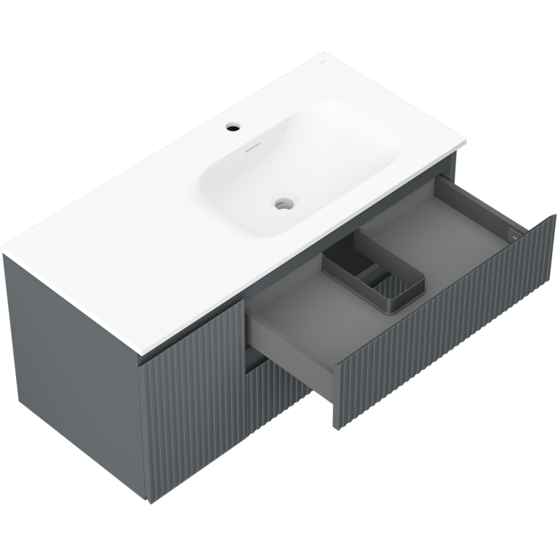 Mexen Rivel fürdőszobai szekrény 100 cm mosdókagylóval Vela jobb, 2S, 1D, bordázott, grafit/fehér matt