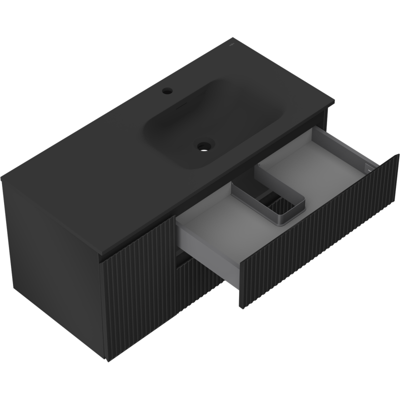 Mexen Rivel 120 cm-es fürdőszobaszekrény mosdóval Vela jobb, 2S, 1D, bordázott, fekete matt - 91A23-10047-3-BBFFF71-W23P71