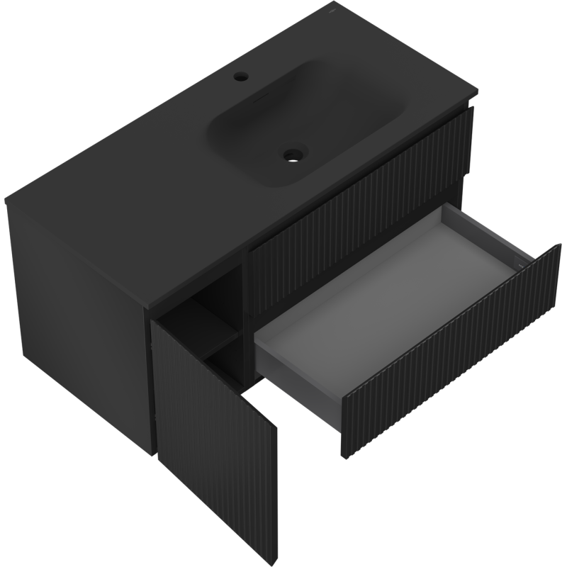 Mexen Rivel dulap baie 120 cm cu lavoar Vela dreapta, 2S, 1D, cu riflaje, negru mat - 91A23-10047-3-BBFFF71-W23P71