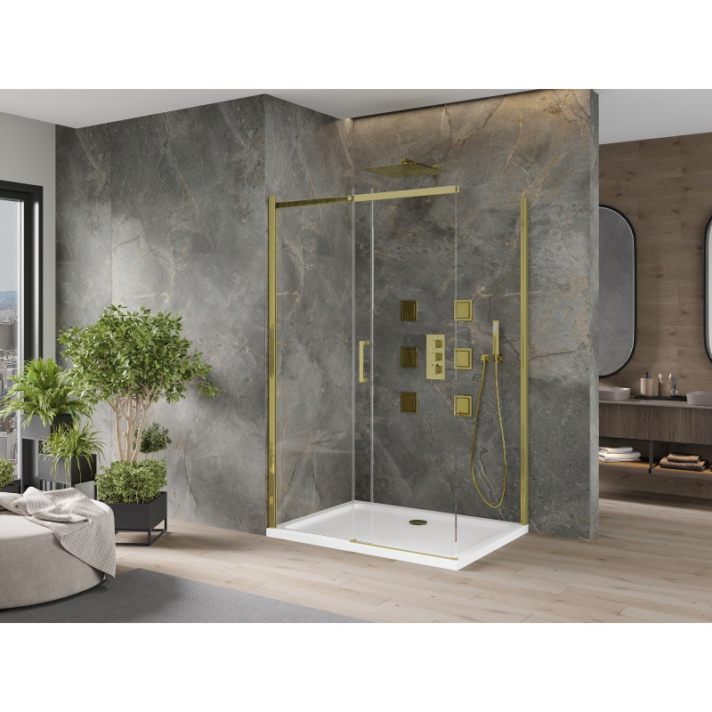 Mexen Omega cabină de duș cu uși culisante 130 x 80 cm, transparentă, aurie + cădiță Flat - 825-130-080-50-00-4010