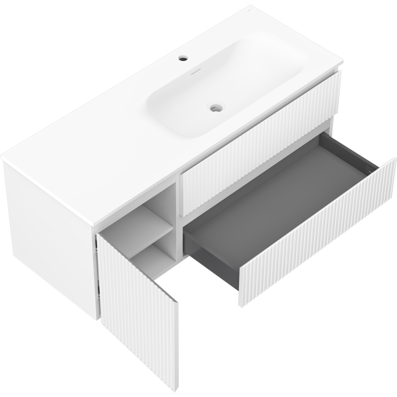 Mexen Rivel dulap baie 120 cm cu chiuvetă Vela dreapta, 2S, 1D, șanțuit, alb mat - 91A23-12047-3-BBFFF01-W23P01