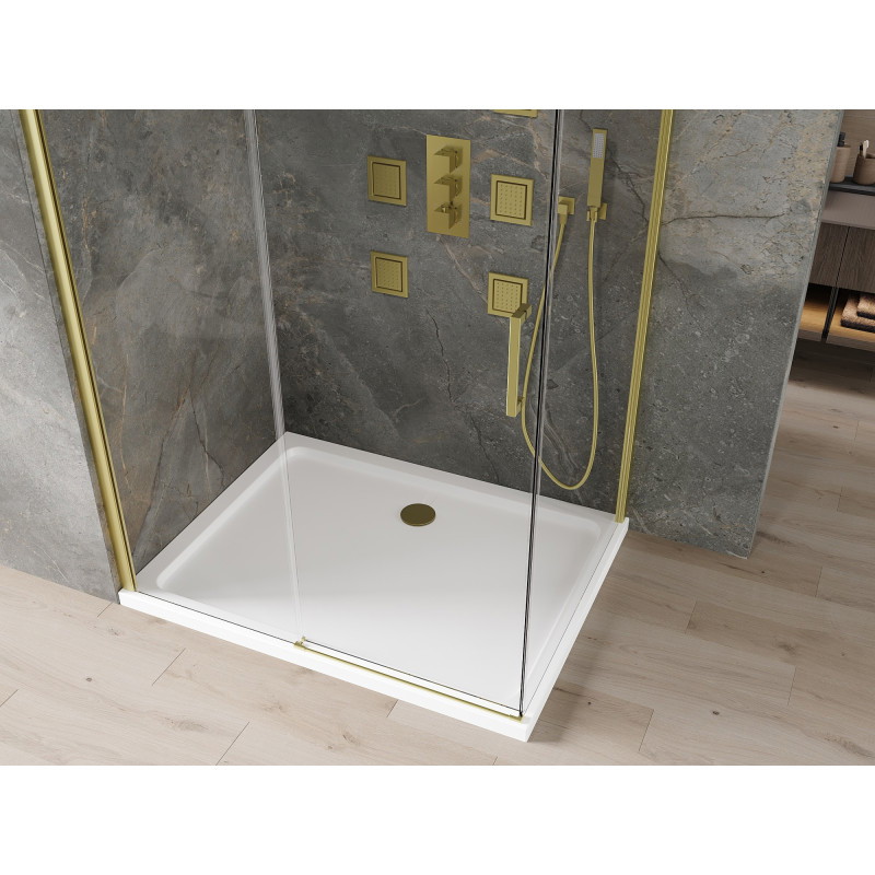 Mexen Omega cabină de duș cu uși culisante 130 x 80 cm, transparentă, aurie + cădiță Flat - 825-130-080-50-00-4010