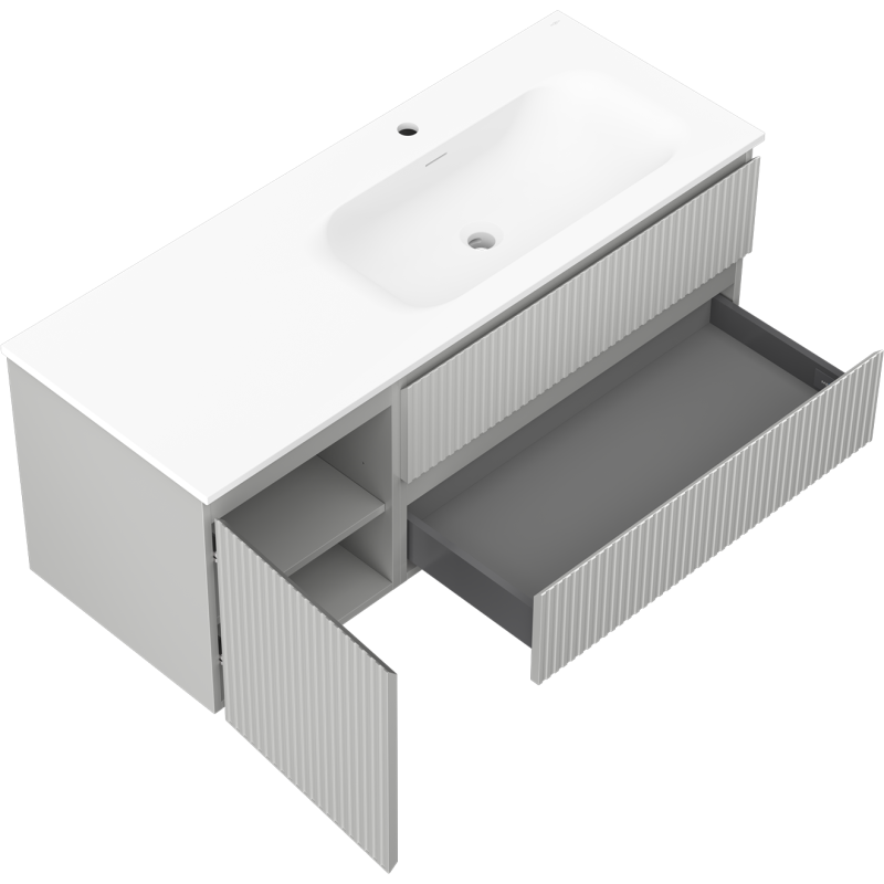 Mexen Rivel fürdőszobai szekrény 120 cm mosdóval Vela jobb, 2S, 1D, bordázott, szürke/fehér matt - 91A23-12047-3-BBFFF62-W23P01