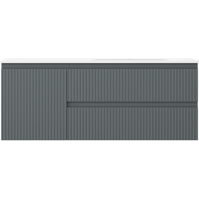 Mexen Rivel Vela 120 cm-es fürdőszobai szekrény mosdóval jobb oldali, 2 fiók, 1 ajtó, bordázott, grafit/fehér matt