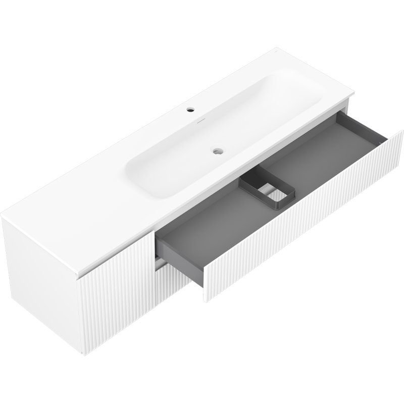 Mexen Rivel 160 cm-es fürdőszobai szekrény Vela mosdóval, jobb oldali, 2S, 1D, bordázott, matt fehér