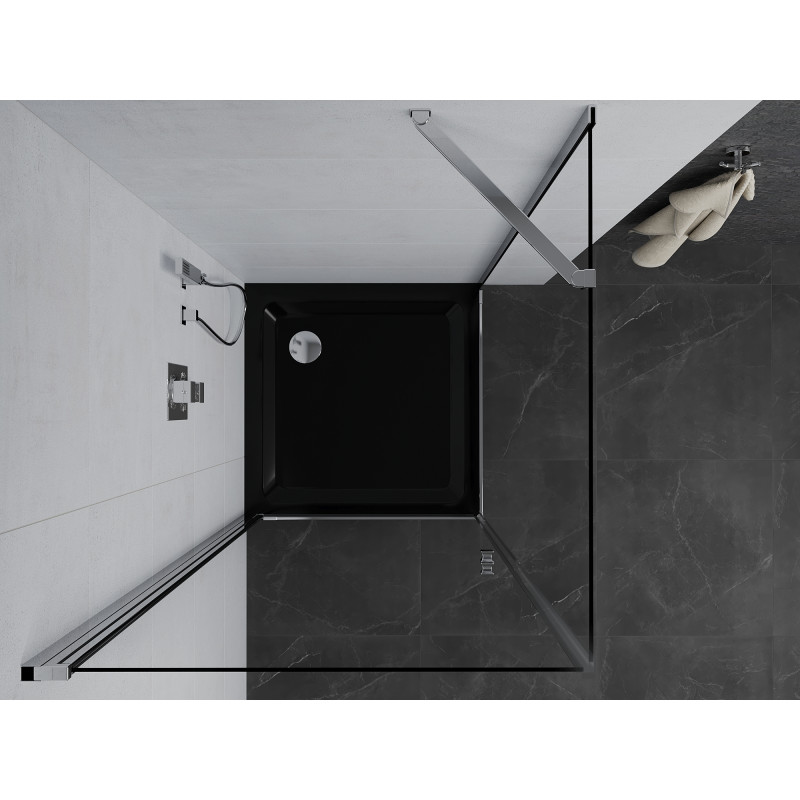 Mexen Pretoria cabina de duș cu ușă batantă 70 x 70 cm, transparentă, crom + cadă de duș Flat, negru