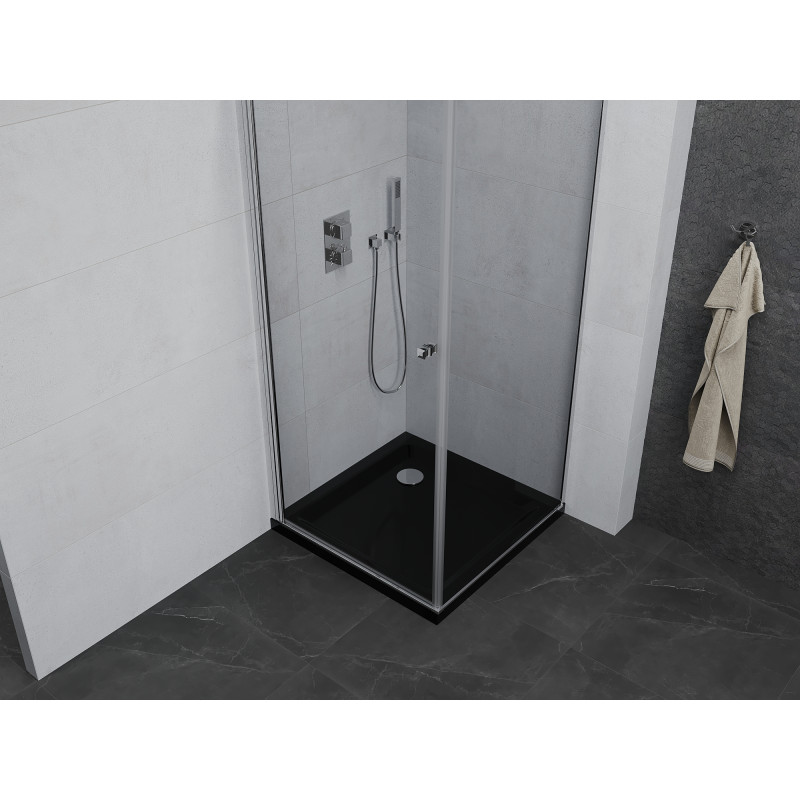 Mexen Pretoria cabina de duș pivotantă 90 x 90 cm, transparentă, crom + cadă Flat, neagră - 852-090-090-01-00-4070