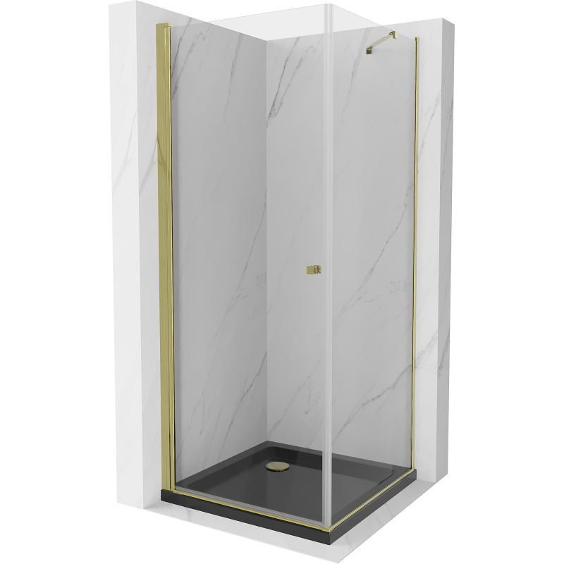 Mexen Pretoria cabina de duș cu ușă batantă 70 x 70 cm, transparent, aurie + cadă de duș Flat, neagră