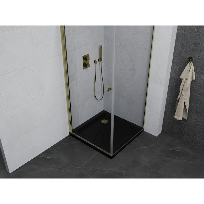 Mexen Pretoria cabina de duș cu deschidere 90 x 90 cm, transparentă, aurie + cadă Flat, neagră - 852-090-090-50-00-4070G