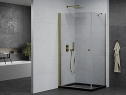 Mexen Pretoria cabină de duș cu ușă batantă 100 x 90 cm, transparentă, auriu + cadă de duș Flat, negru - 852-100-090-50-00-4070G